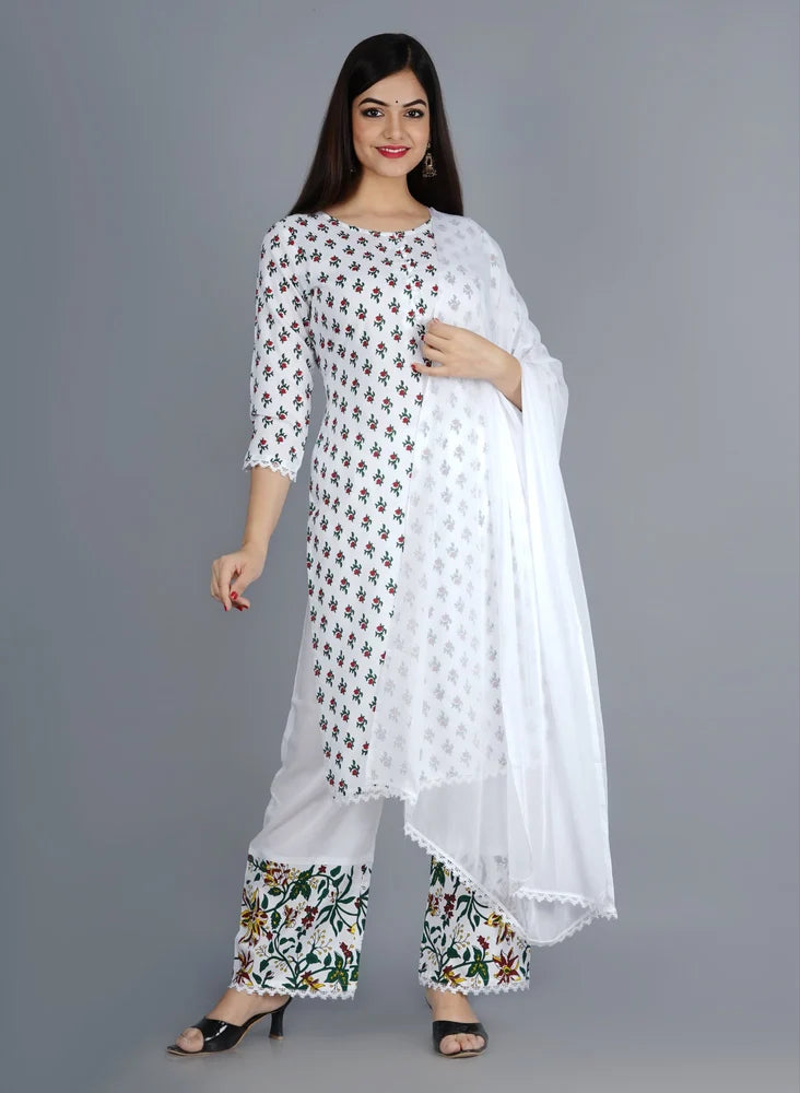 Stylish Rayon Printed Kurta With Palazzo And Dupatta Set